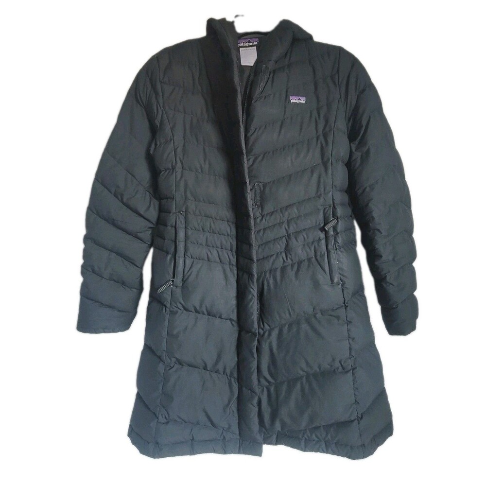Patagonia Girls Long Down Coat Size XL Black Hooded Puffer Jacket Winter